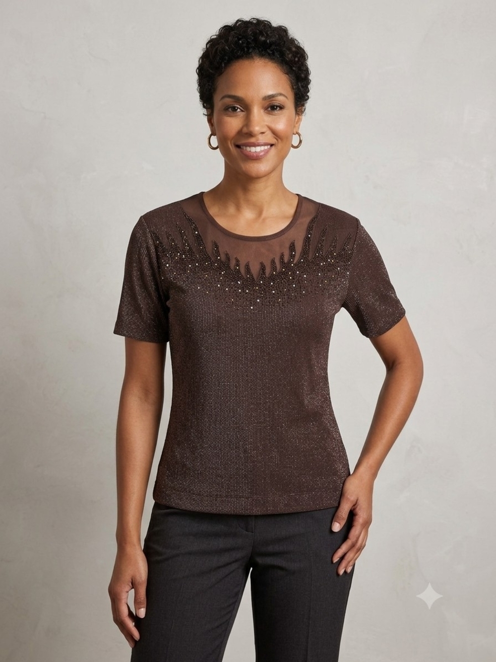 Zio Embellished Brown Short-Sleeve Mesh Yoke Top.  WS 146